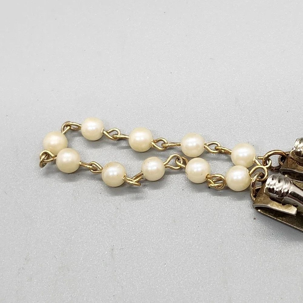 Vintage Sweater Clip Guard Faux Pearls Silver Tone Chain MCM Retro 1950s